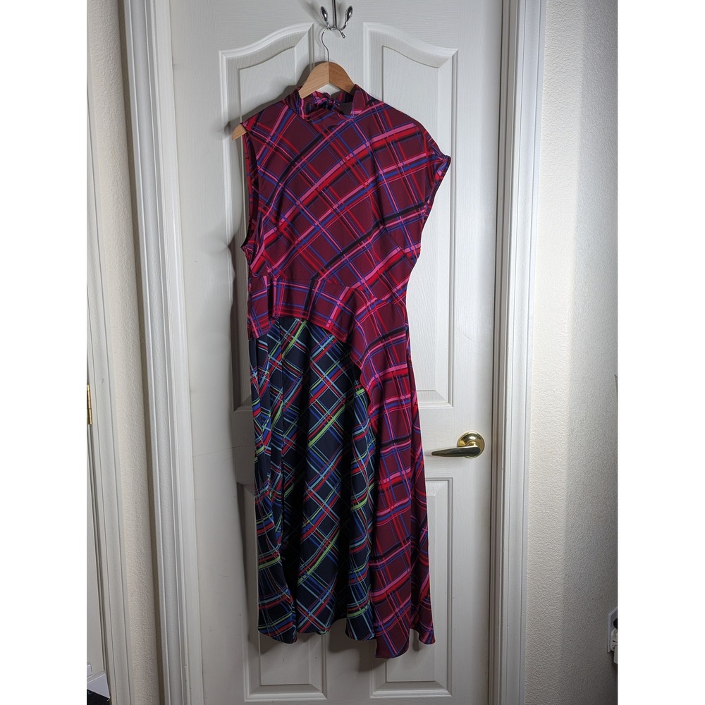 Topshop Mixed Plaid Asymmetrical Midi Dress Burgundy Navy US 10